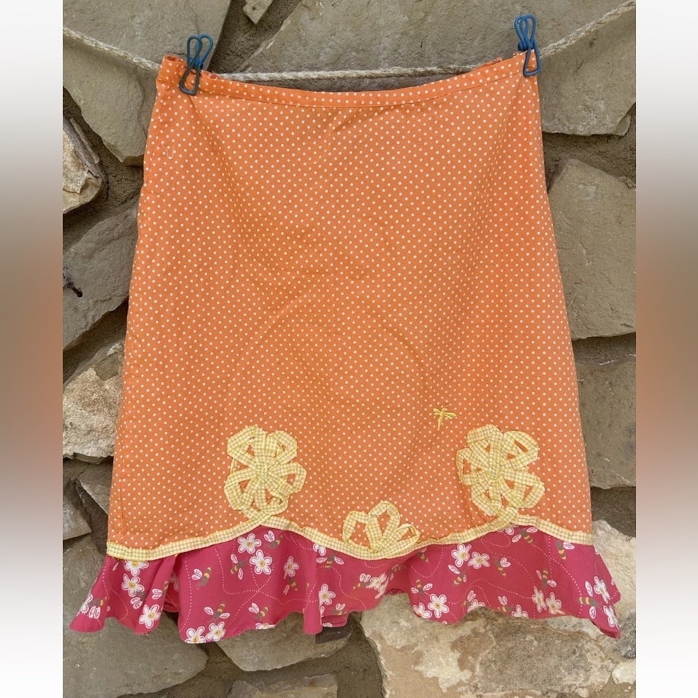 I.E. Relaxed Skirt 8 A-Line Orange Polka Dot Appliqued Flowers Ruffle Hem EC